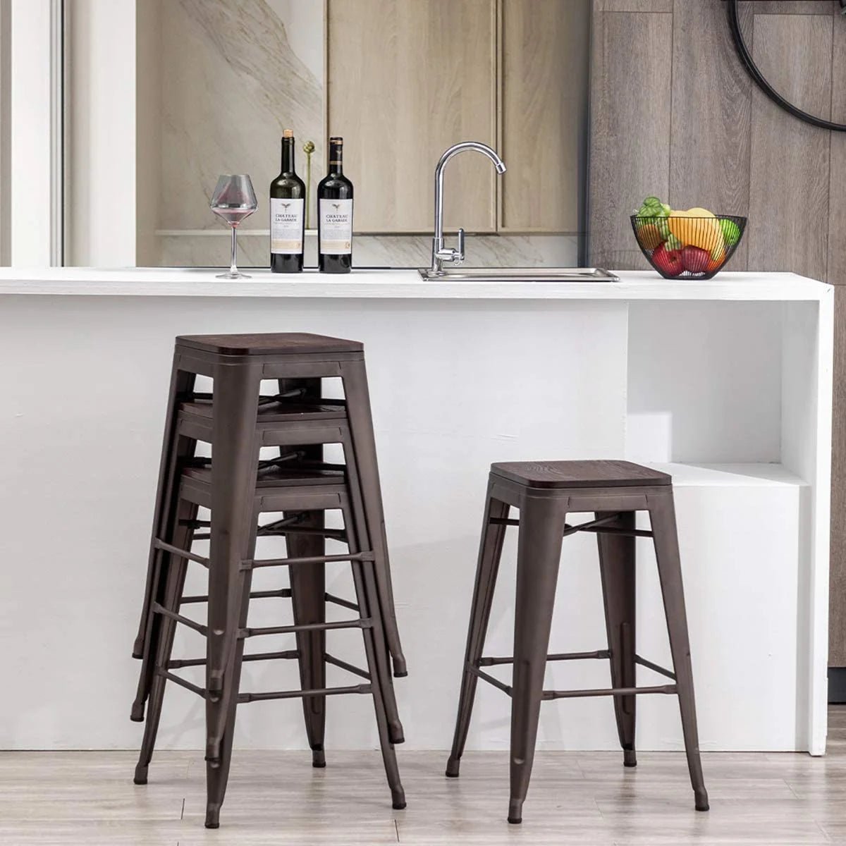 26" Metal Bar Stools Set of 4 Backless Stackable with Wooden Seat T982898