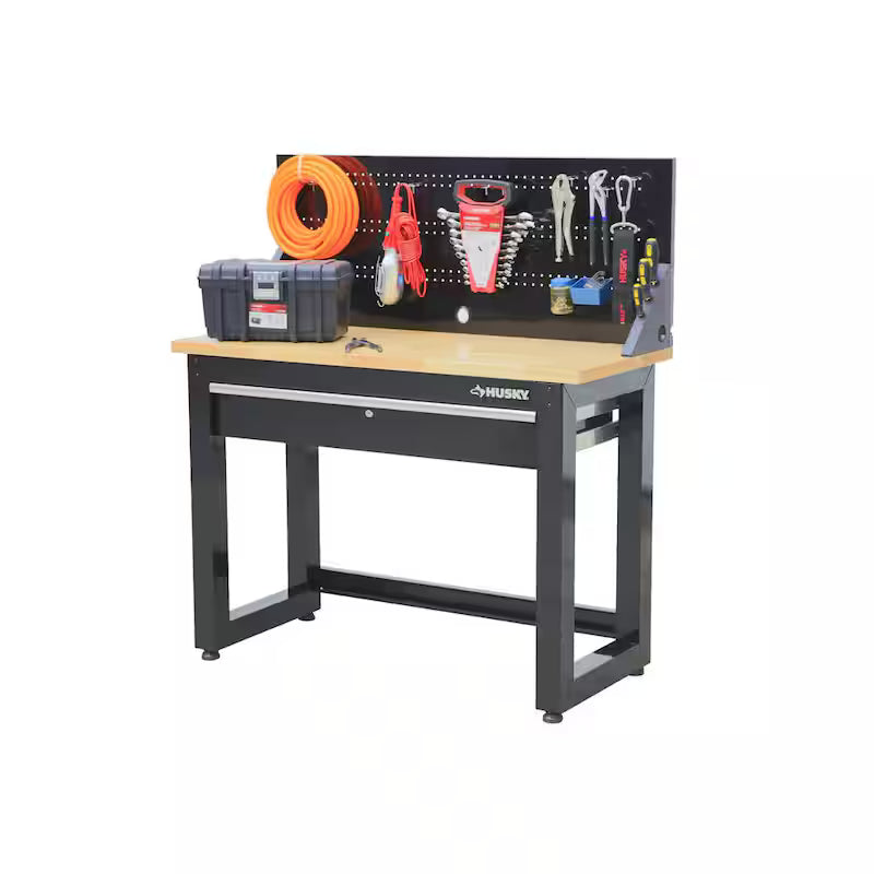 Black Solid Wood Top Workbench with Pegboard and 1 Drawer E1736