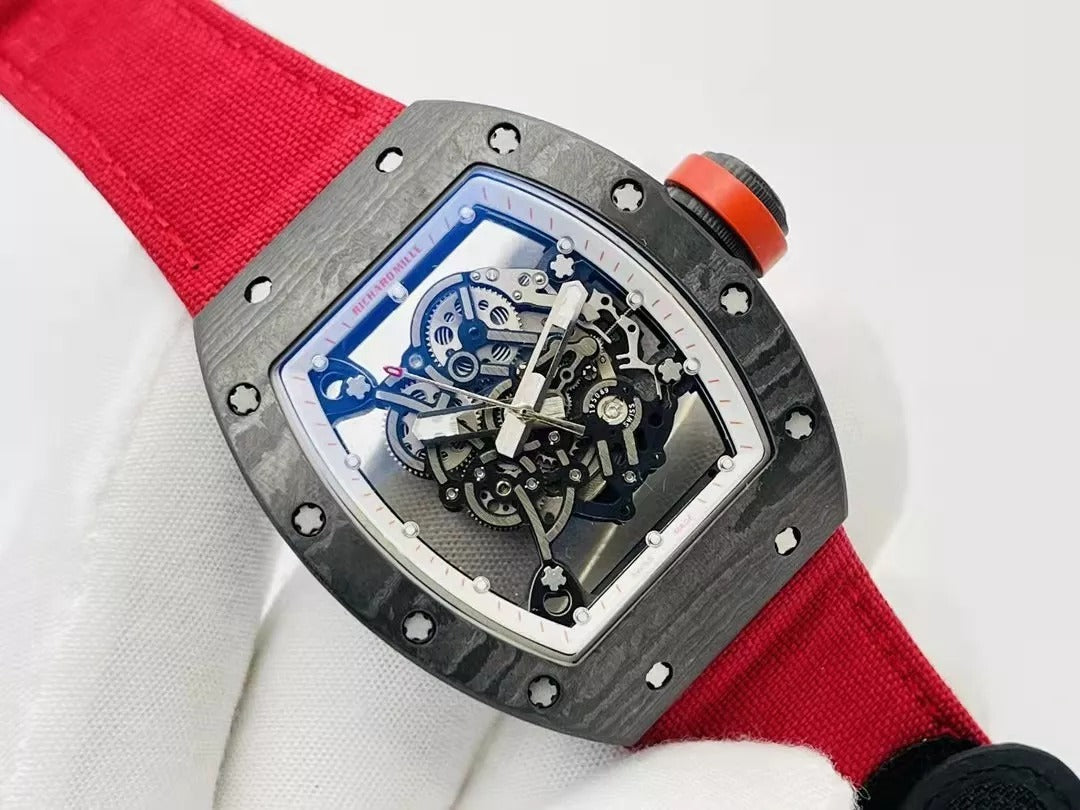 Skeleton Dial Black Bezel Red Canvas Strap N875