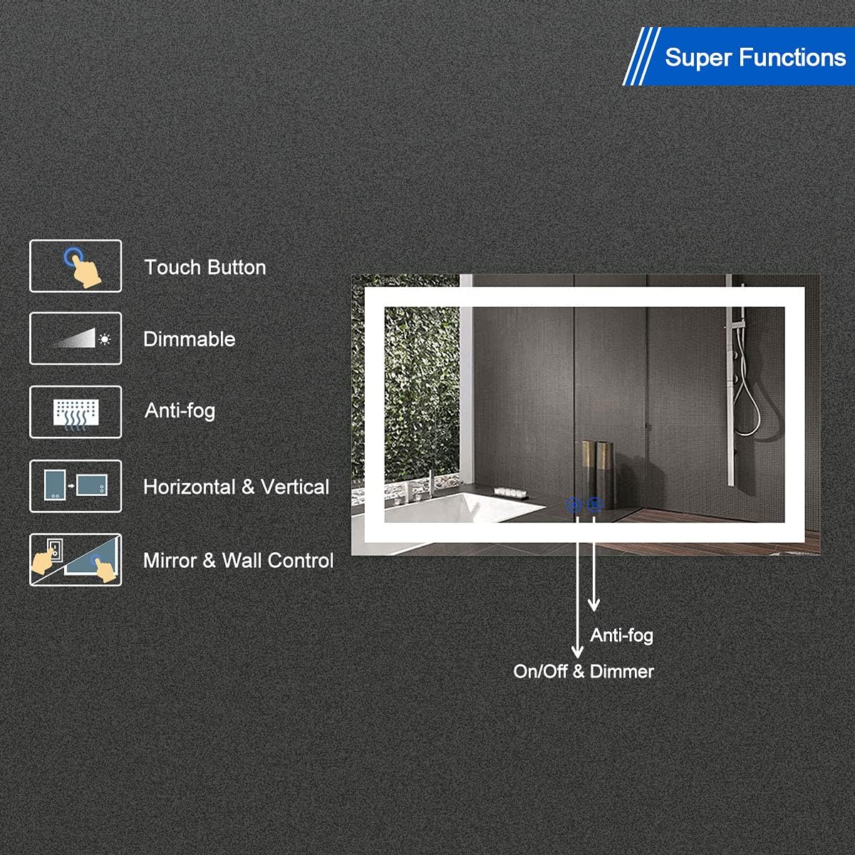 60 x 36 Inch Illuminated LED Bathroom Mirror with Smart Button, Anti Fog, Dimmable, Bluetooth Speakers U21762
