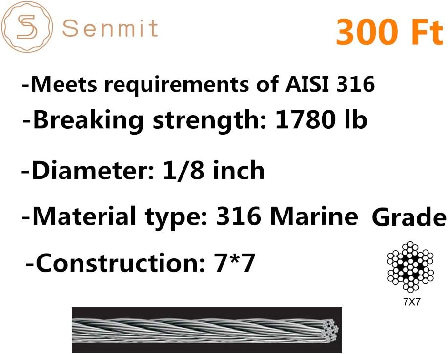 1/8 Stainless Steel Aircraft Wire Rope, 7 x 7 400 Feet T 316 Marine Grade T4266