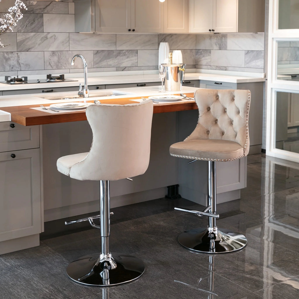 Khaki Velvet Upholstered Swivel Bar Stools, Set of 4 H4551