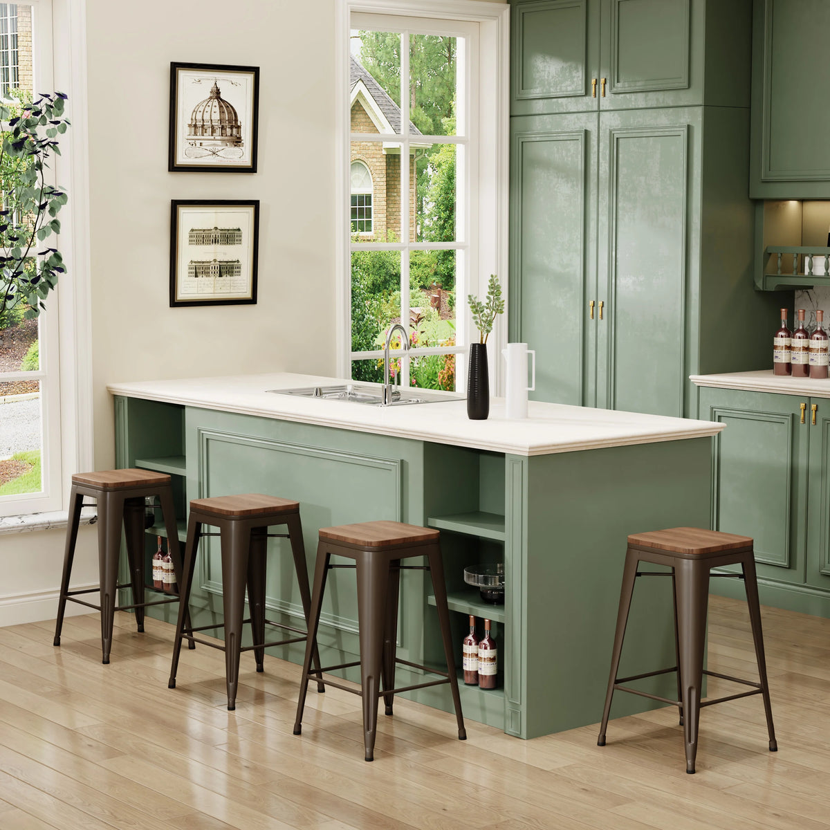 26" Metal Bar Stools Set of 4 Backless Stackable with Wooden Seat T982898