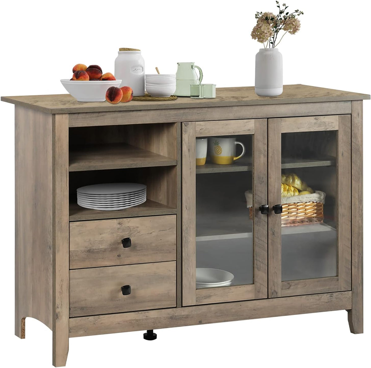 Rustic Farmhouse Kitchen Buffet Sideboard with Glass Doors, 2 Drawers, Open Compartments, Wood Console Table, Walnut I4688