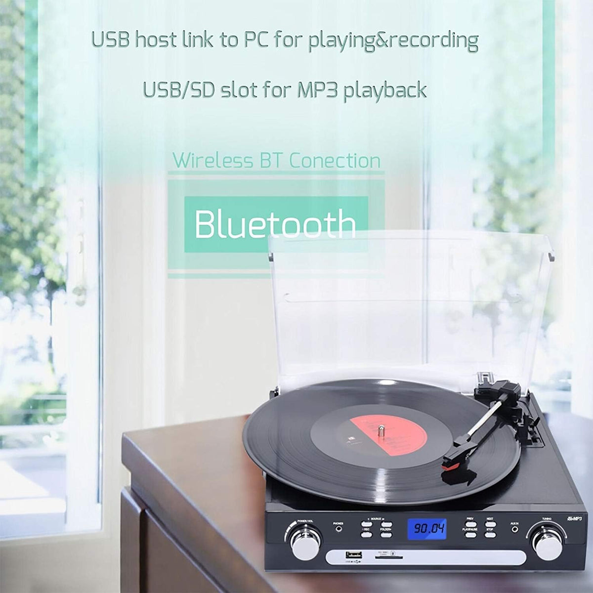 Bluetooth Record Player with Stereo Speakers, AM/FM Radio, Remote Control, Black, Pack of 2 L348