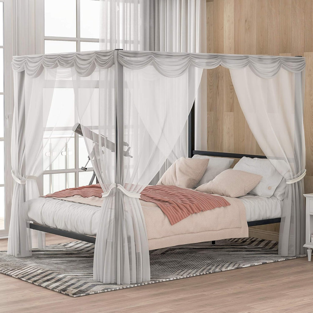 Queen Size Black Metal Canopy Bed Frame with Headboard T9727