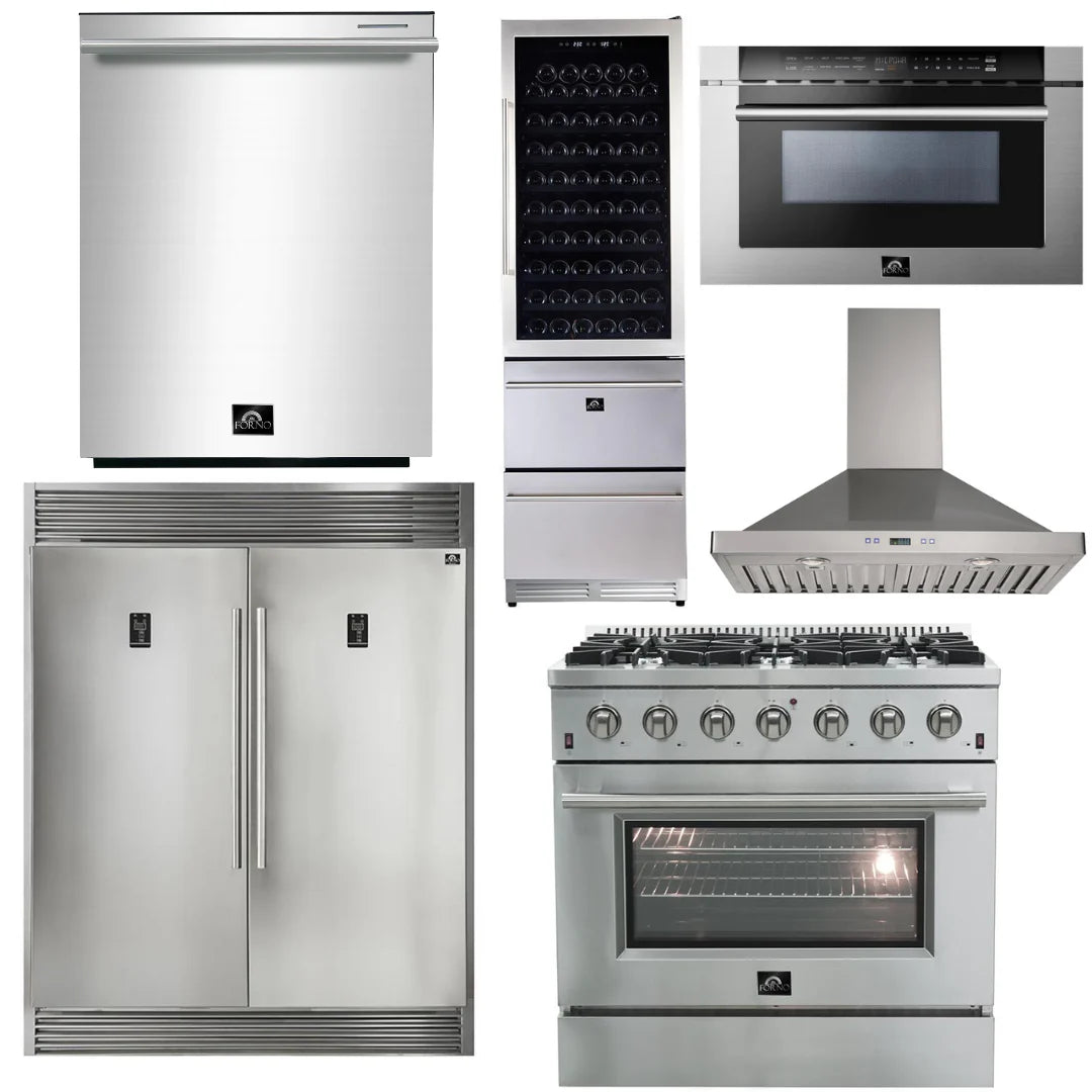 36 Inch Gas Range, Wall Mount Range Hood, Refrigerator, Microwave Drawer, Dishwasher, Wine Cooler G111760