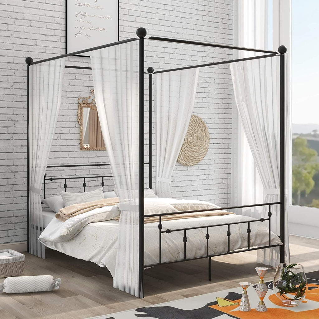 Queen Size Black Metal Canopy Bed Frame with Headboard T9727
