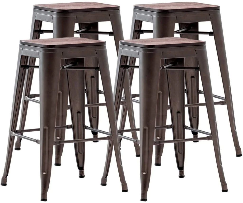 26" Metal Bar Stools Set of 4 Backless Stackable with Wooden Seat T982898
