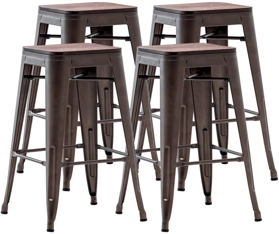 26" Metal Bar Stools Set of 4 Backless Stackable with Wooden Seat T982898