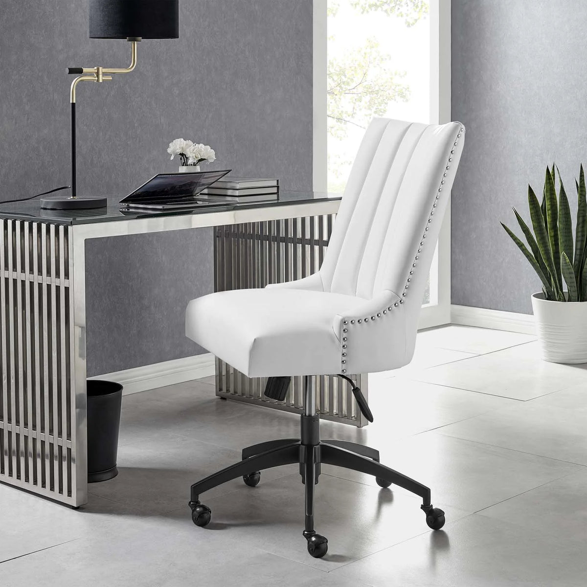 Black White Faux Vegan Leather Computer Work Desk Chair D92635