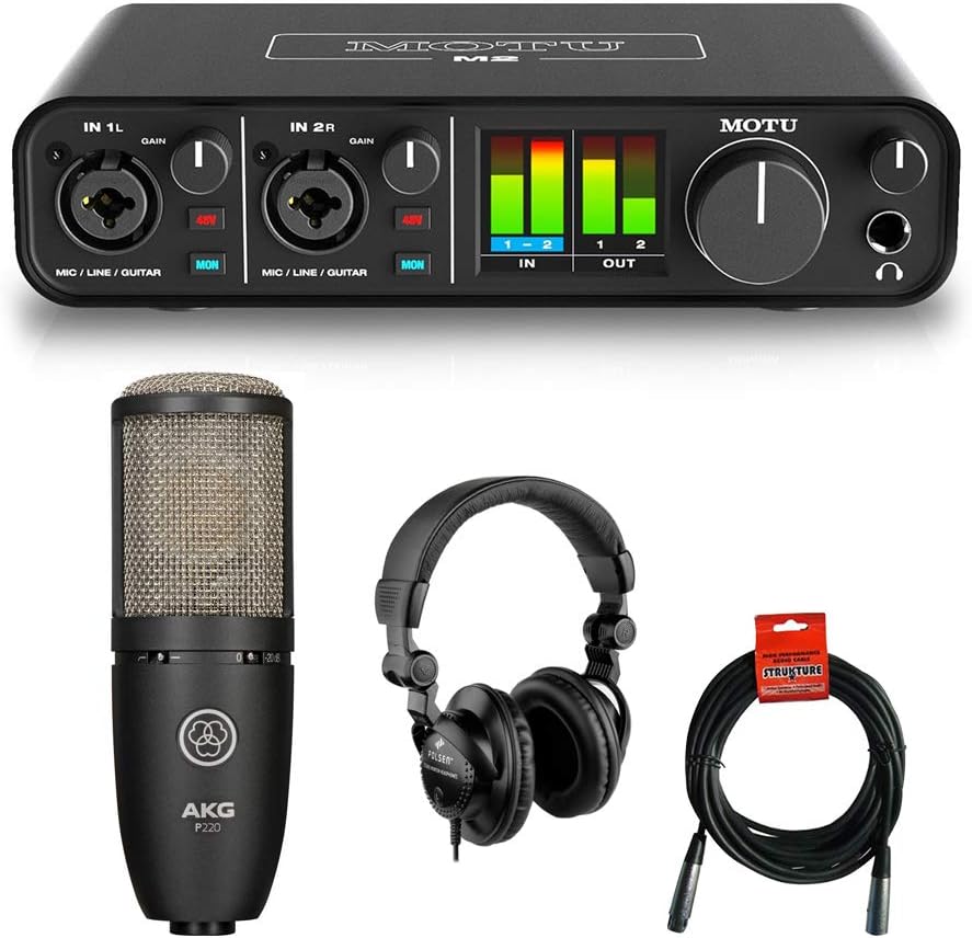 2x2 USB Audio Interface with Condenser Mic, Headphones & XLR Cable Bundle L79206