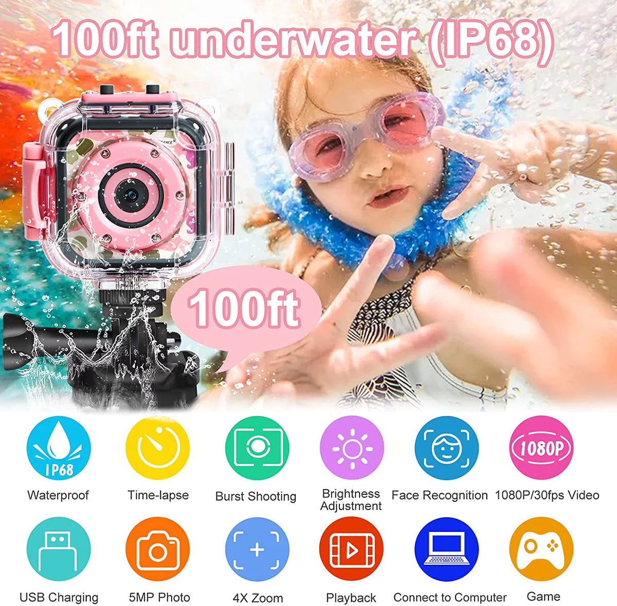 Pink Kids Waterproof Digital Camera 1080P W225000