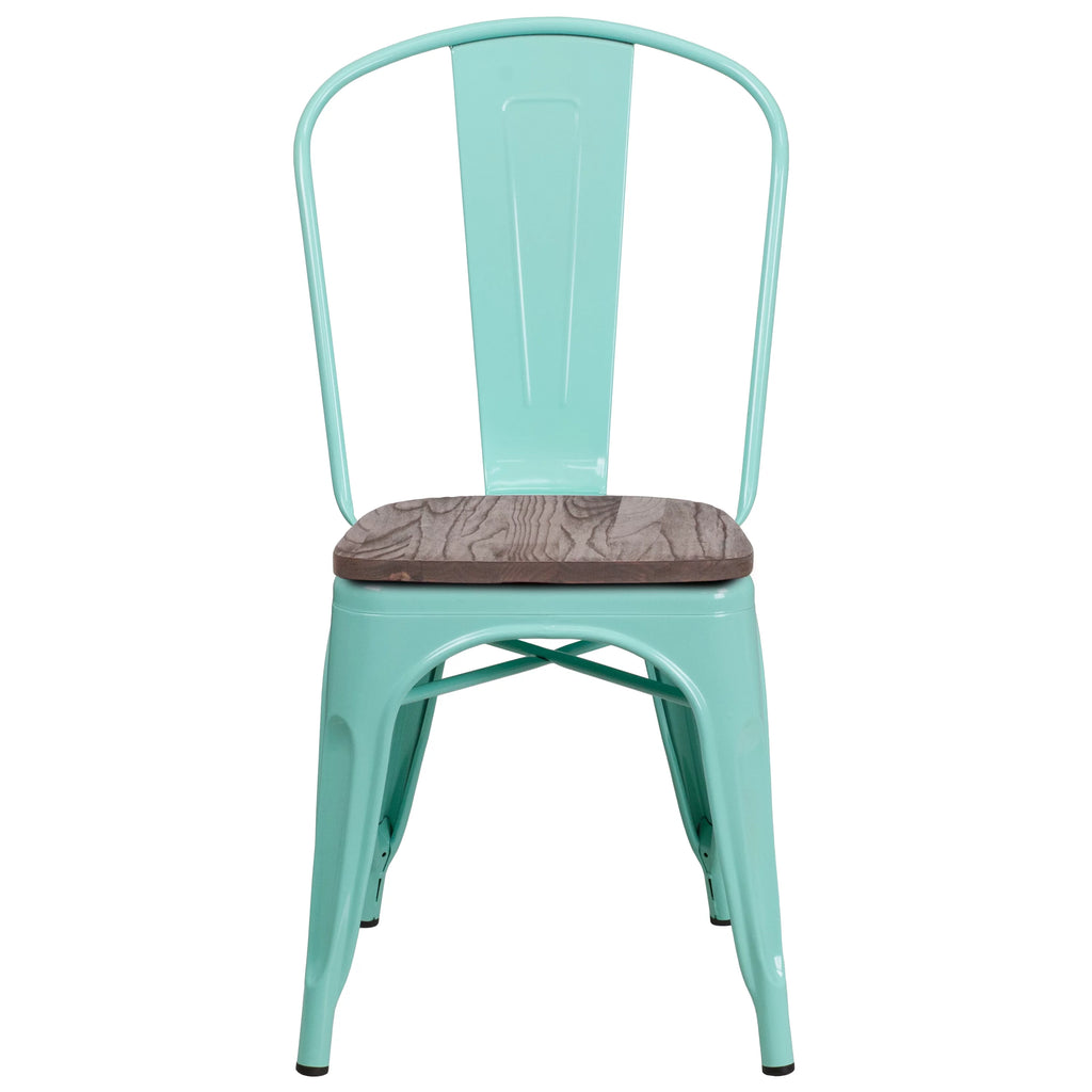 Mint Green Metal Stackable Chair with Wood Seat S154