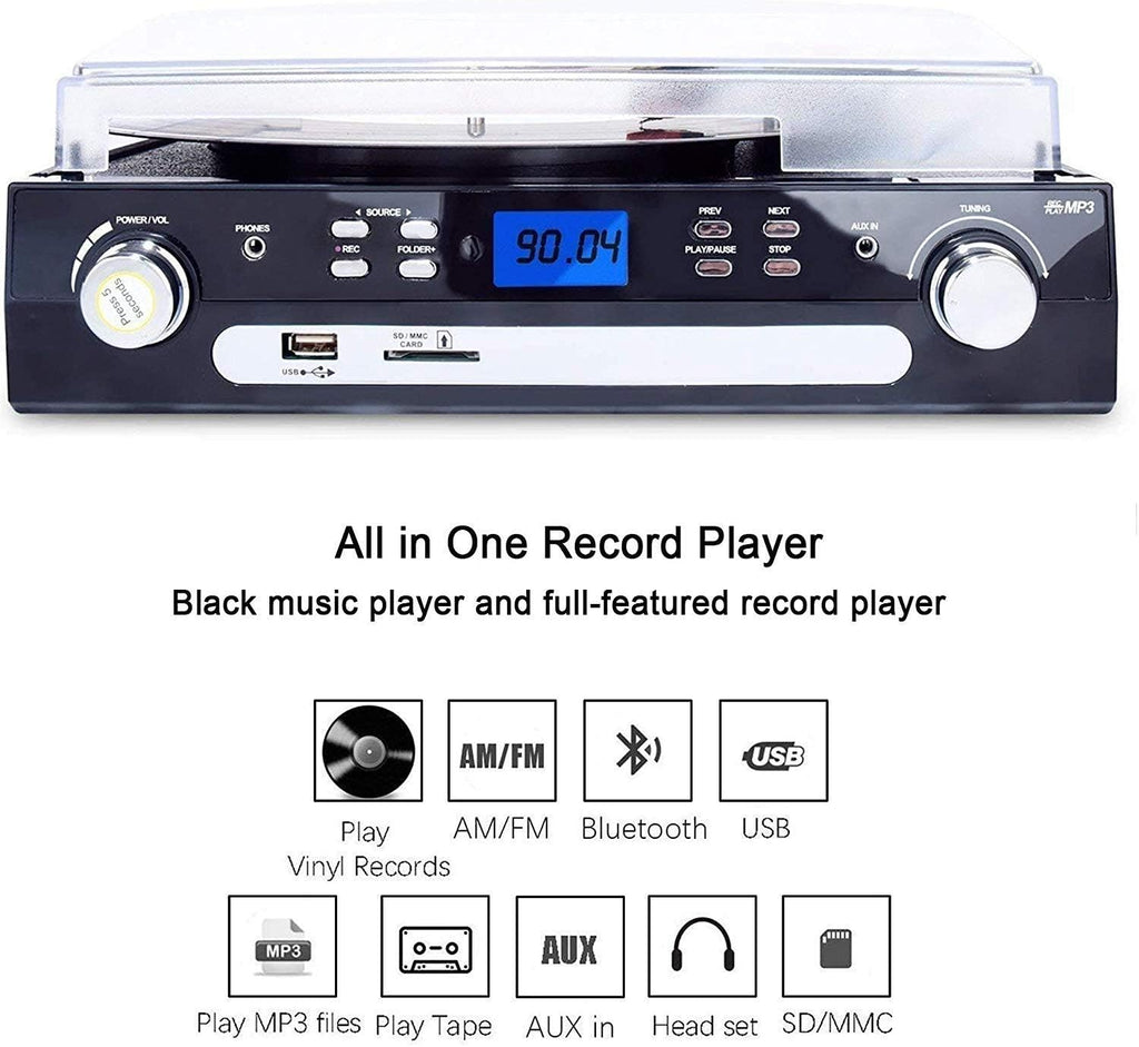 Bluetooth Record Player with Stereo Speakers, AM/FM Radio, Remote Control, Black, Pack of 2 L348
