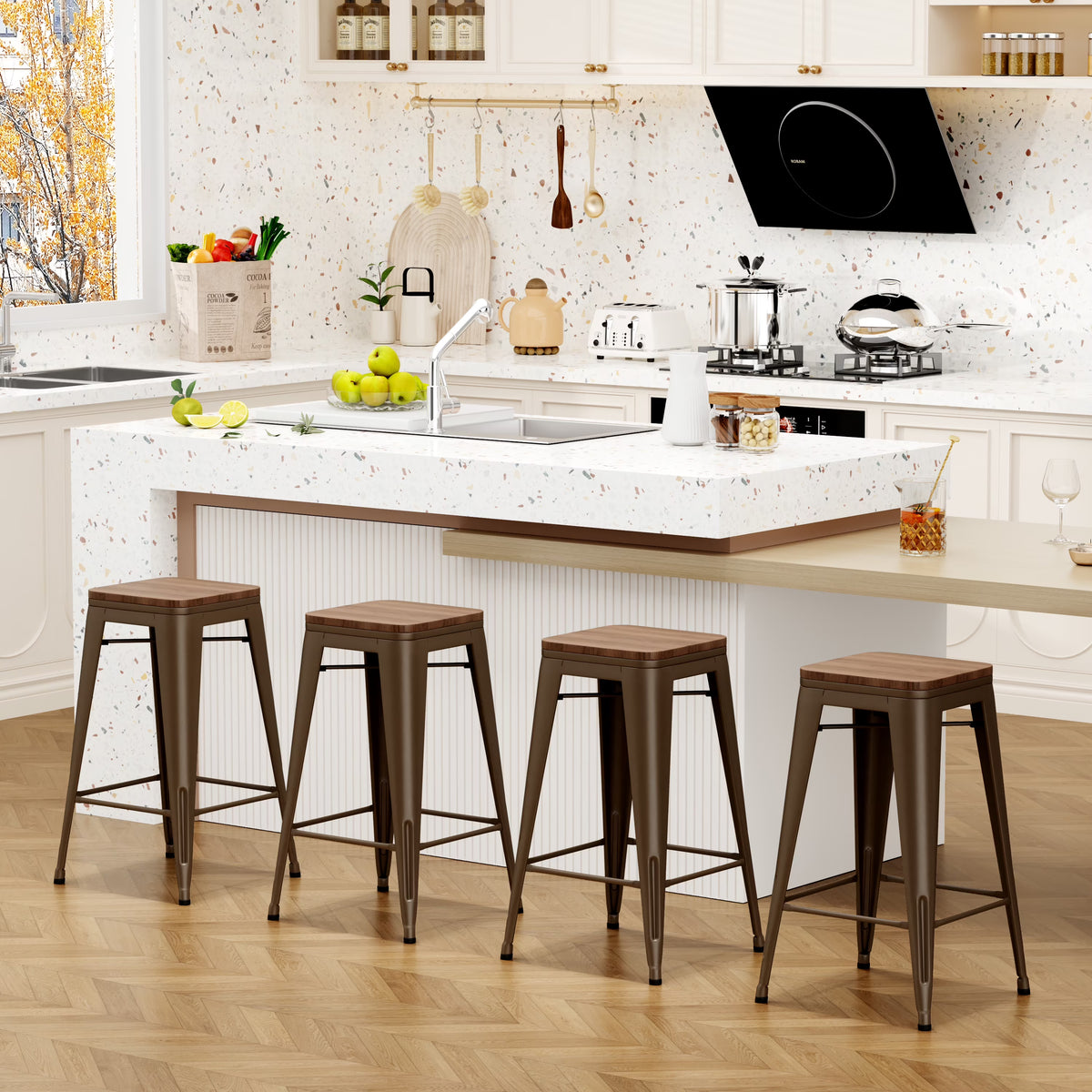 26" Metal Bar Stools Set of 4 Backless Stackable with Wooden Seat T982898