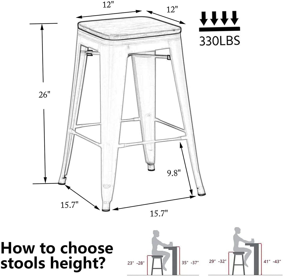 26" Metal Bar Stools Set of 4 Backless Stackable with Wooden Seat T982898