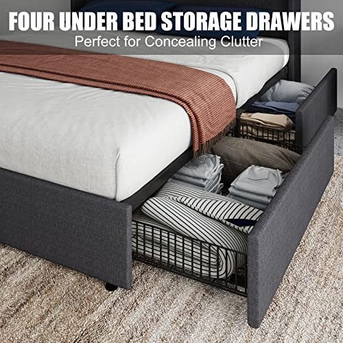 Queen LED Bed Frame with Wingback Headboard, Upholstered Platform Bed with 4 Storage Drawers & Charging Station, Dark Grey O70906