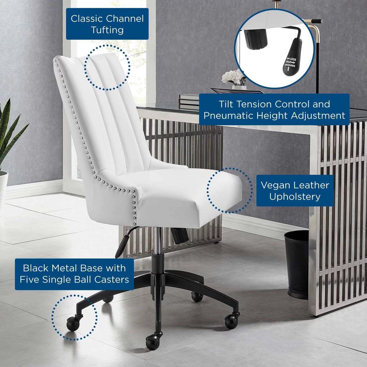 Black White Faux Vegan Leather Computer Work Desk Chair D92635
