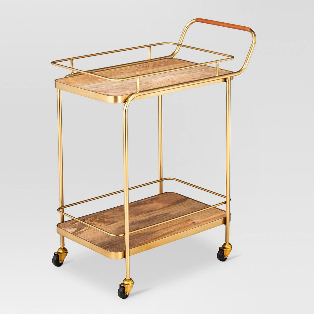 Gold Metal Wood Leather Bar Cart B547475