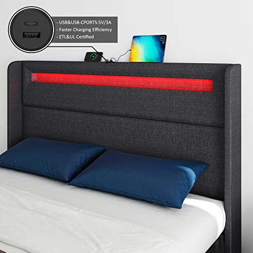 Queen LED Bed Frame with Wingback Headboard, Upholstered Platform Bed with 4 Storage Drawers & Charging Station, Dark Grey O70906
