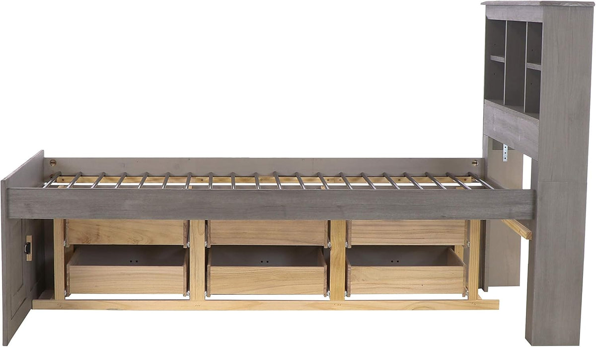 Charcoal Twin Bookcase Bed with 6 Drawers T111476