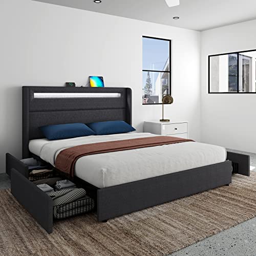 Queen LED Bed Frame with Wingback Headboard, Upholstered Platform Bed with 4 Storage Drawers & Charging Station, Dark Grey O70906