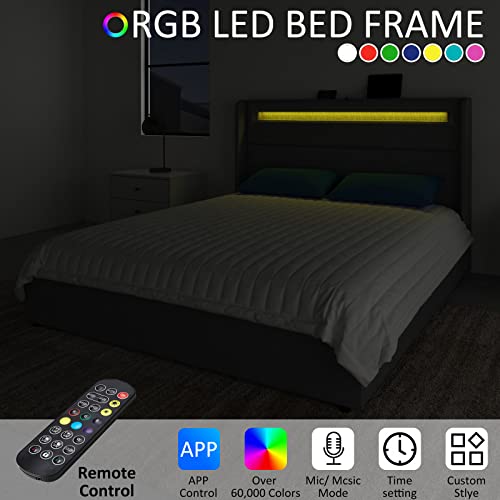 Queen LED Bed Frame with Wingback Headboard, Upholstered Platform Bed with 4 Storage Drawers & Charging Station, Dark Grey O70906