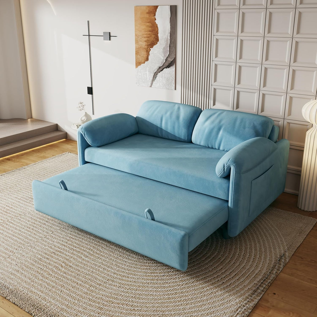 Blue Velvet Convertible Sleeper Sofa with Pullout Bed Z4818
