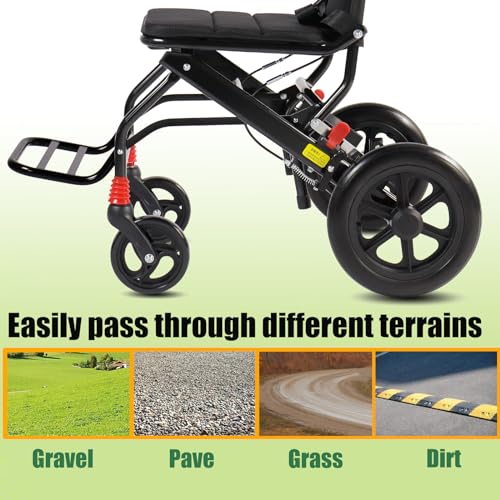 Ultralight Folding Transport Wheelchair with Foldable Pedals and Flip-Back Arms, Handbrake & Storage Bag (12 inch PU Rear Wheel) U5274