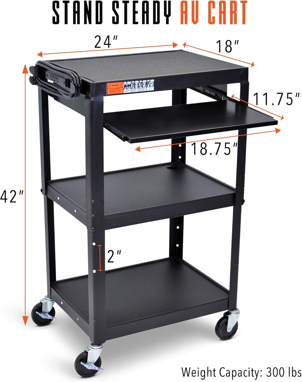 Height Adjustable AV Cart on Wheels with Keyboard Tray and Power Cord X86561