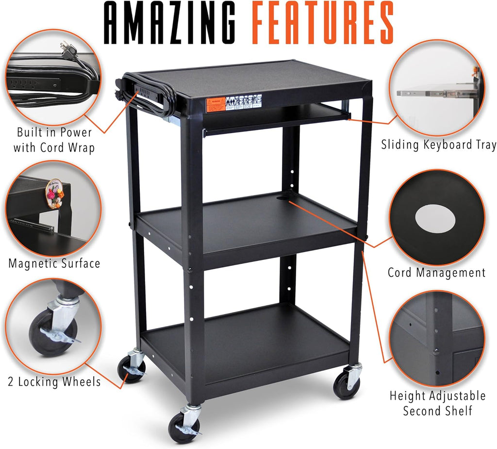 Height Adjustable AV Cart on Wheels with Keyboard Tray and Power Cord X86561