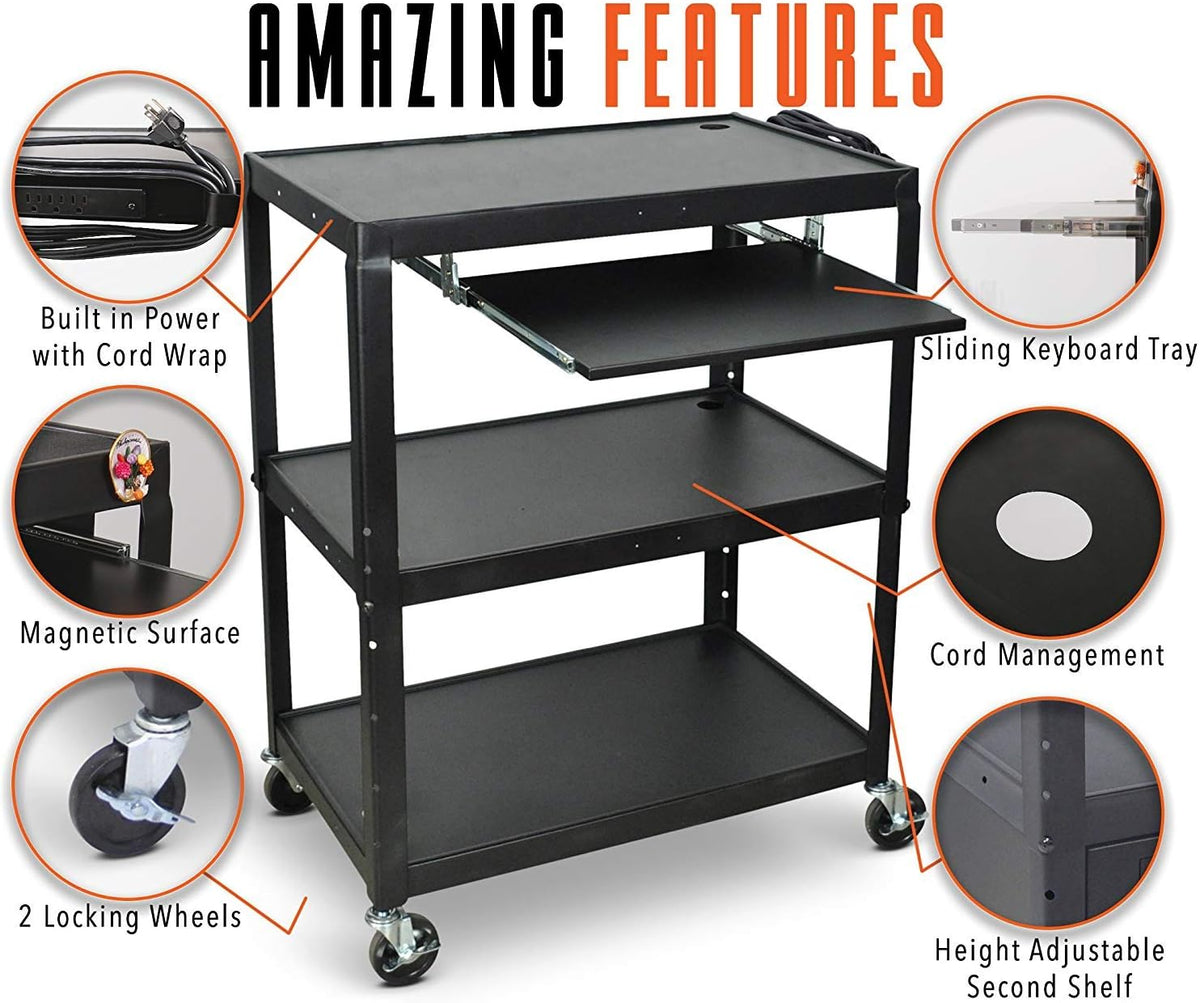 Height Adjustable AV Cart on Wheels with Keyboard Tray and Power Cord X86561