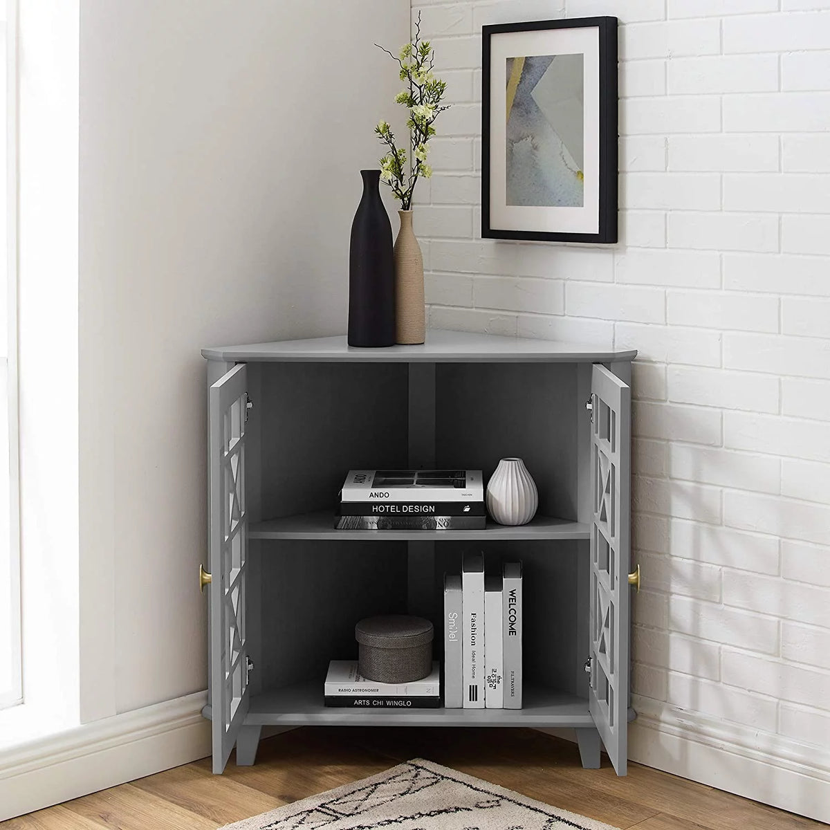 2 Door Corner Accent Table 32 Inch Grey P5276