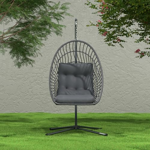 Hanging Egg Chair with Stand Foldable Rattan Wicker 350LBS Capacity T805