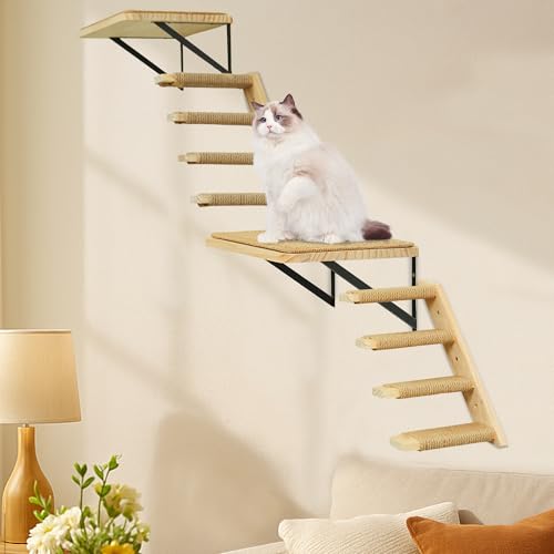 Cat Wall Climbing Shelf, 2 pcs 4 Step Wall-Mounted Ladder with Sisal Scratching Rope F7628