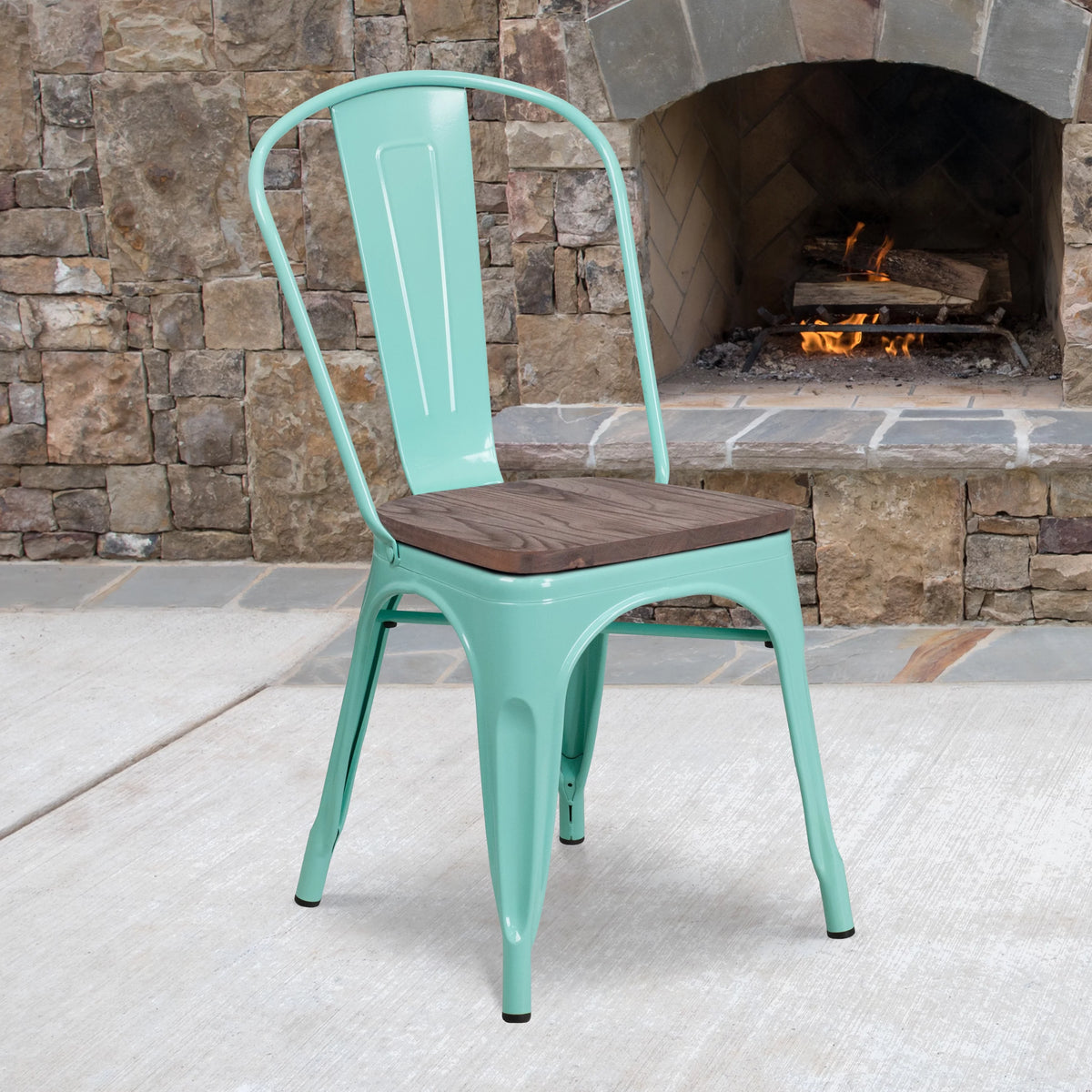 Mint Green Metal Stackable Chair with Wood Seat S154