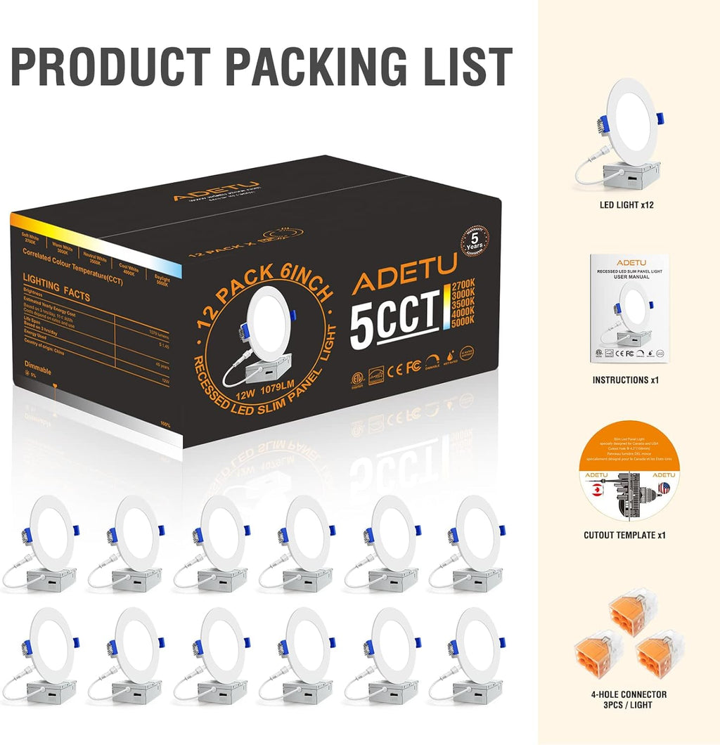 12 Pack 6Inch 5CCT Dimmable LED Recessed Light with Junction Box M792381