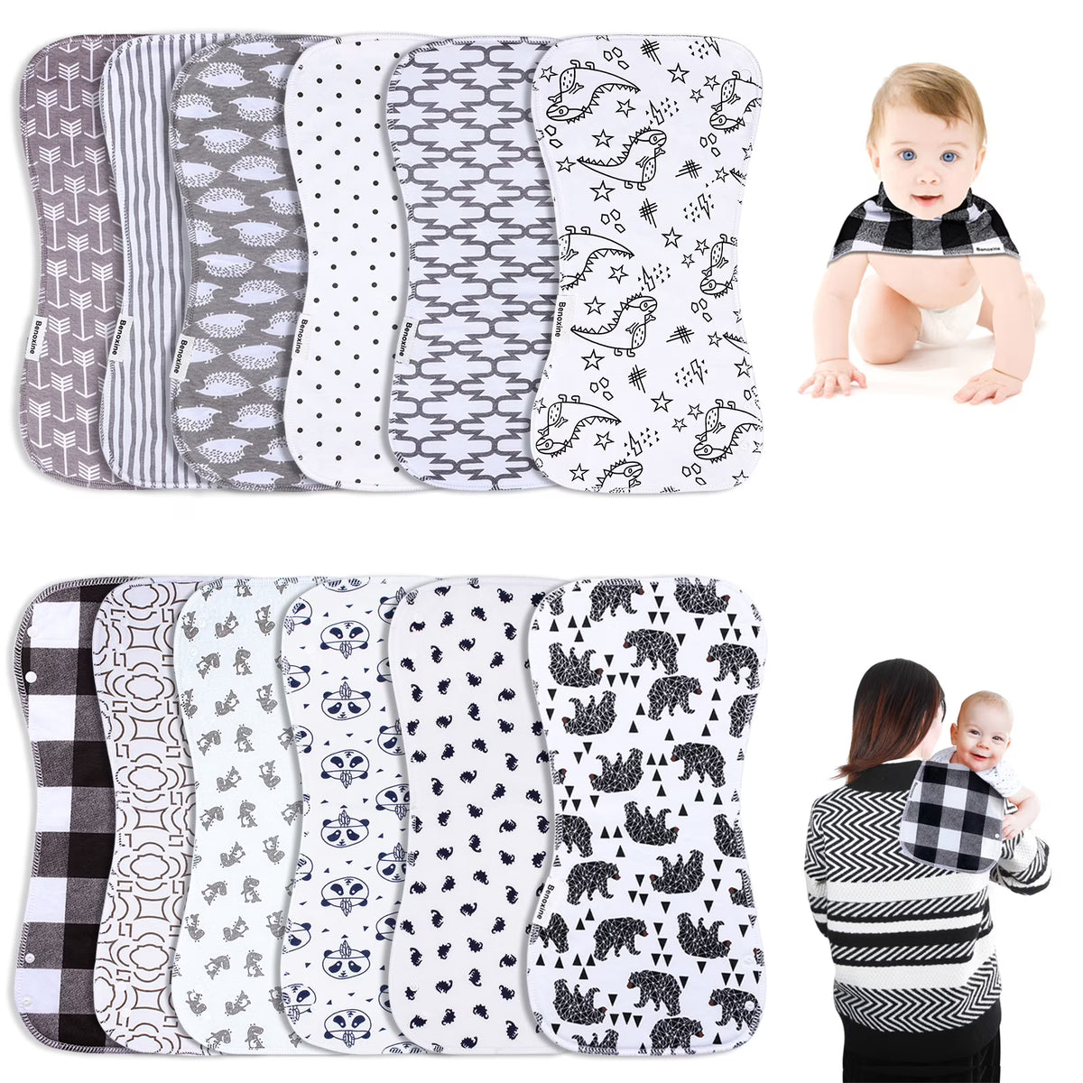 12-Pcs Animal Pattern Burp Cloths and Baby Bibs D66754